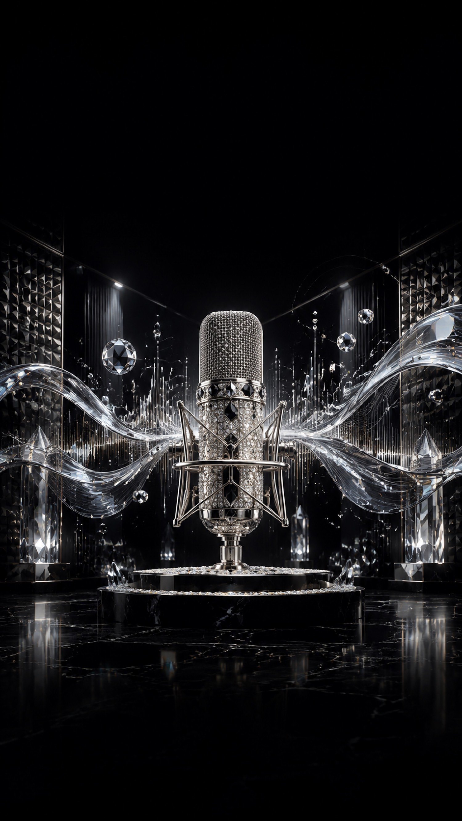 Jeweled platinum microphone surrounded by liquid soundwaves